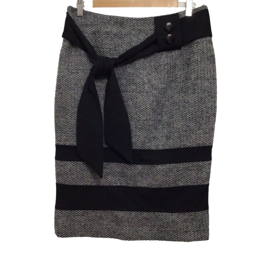 INFINITIF tweed pencil skirt wool blend black grey belted size 38
